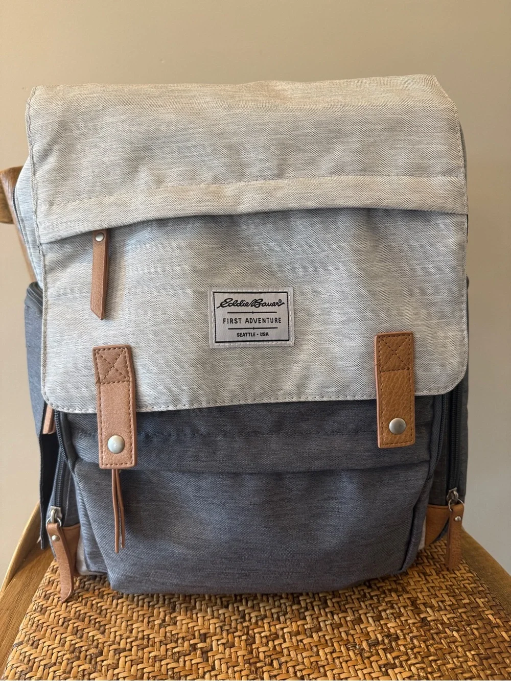 Eddie Bauer Two-Tone Gray Canvas Diaper Backpack with Tan Accents
